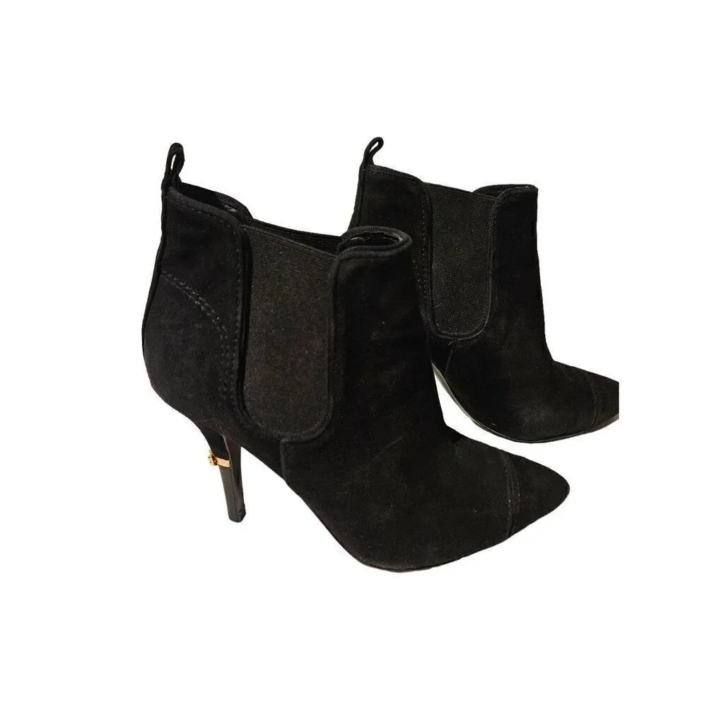 Tory Burch black suede ankle booties with gold emblem on heel. Size 7.